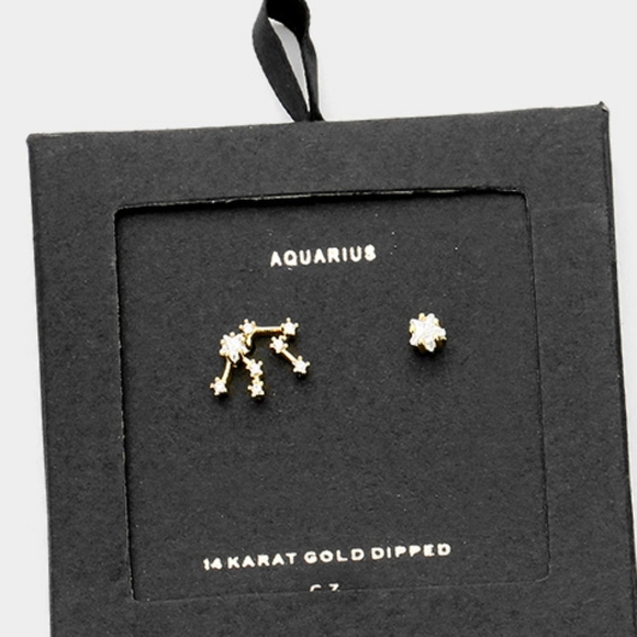 AQUARIUS Gold Dipped CZ Stud Zodiac Earrings Trendy - Picture 3 of 3
